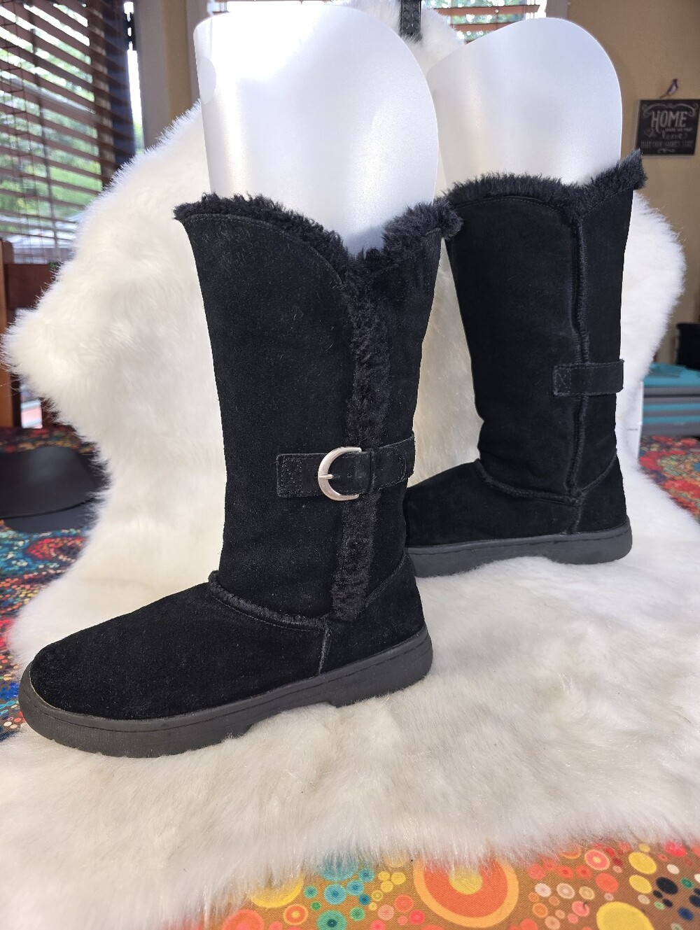 Melrose Ave. "Kylie" Black Suede Faux Fur Mid-Calf Winter Boots w/ Buckle Accent